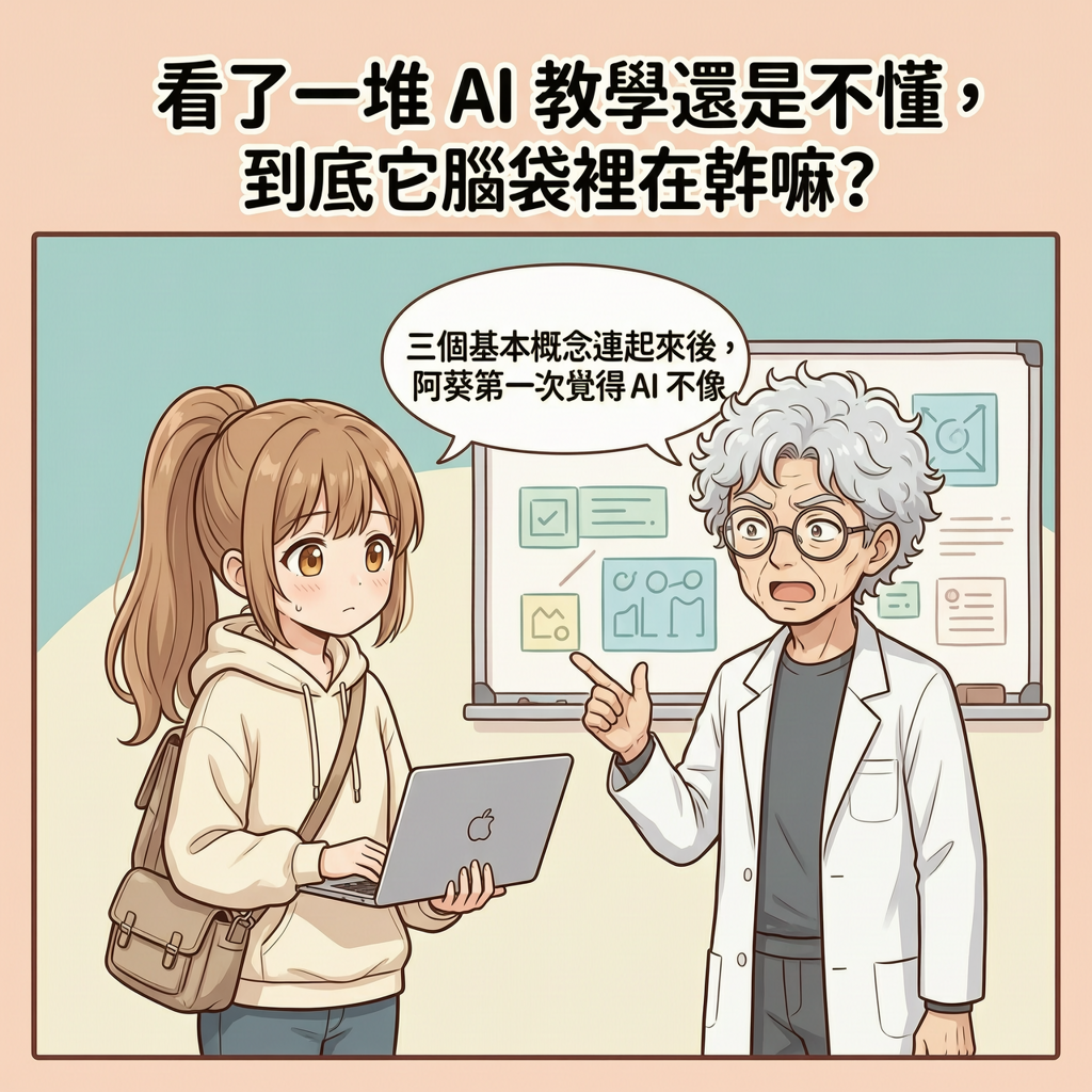 阿葵 / 博士 / 小白｜三個基本概念連起來後，阿葵第一次覺得 AI 不像